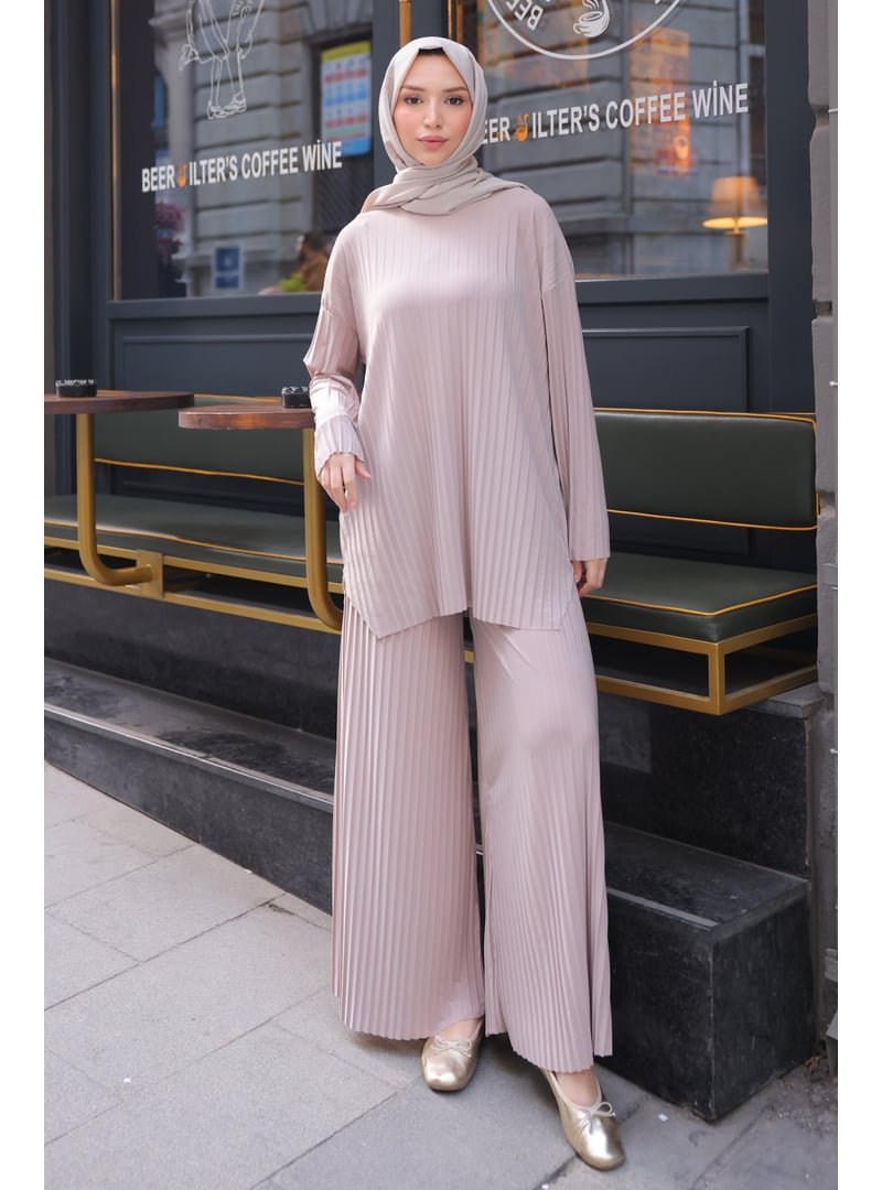 İmaj Butik Bej Piliseli Sandy Tunik Pantolon Takım