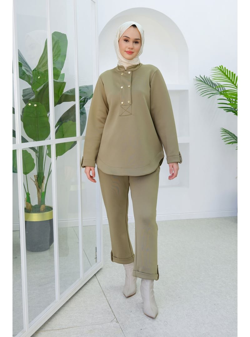 Locco Moda Yeşil Düğme Detaylı Oval Kesim İkili Takım