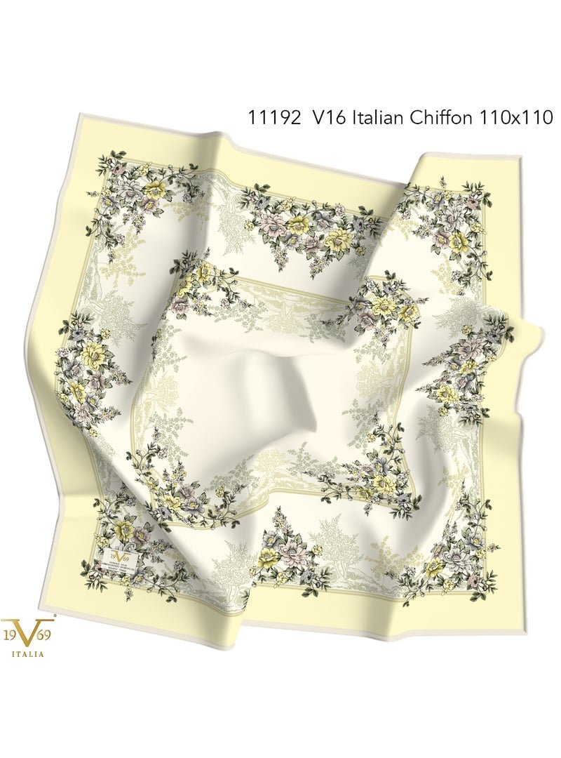 19v69 ITALIA Açık Sarı Desenli İtalyan Şifon Seri Eşarp Askısı İle Birlikte 110x110 Cm