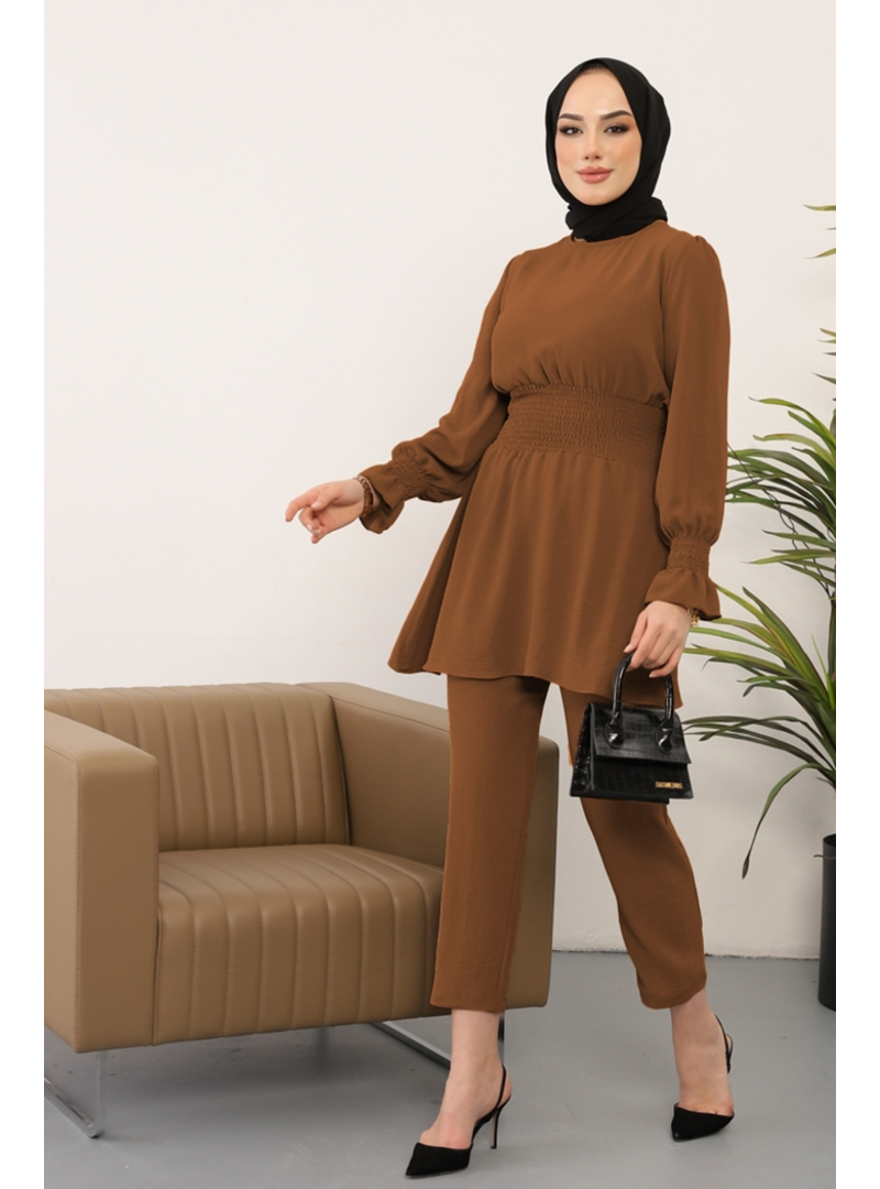 Bestenur Kahve Gipeli Tunik Pantolon İkili Takım