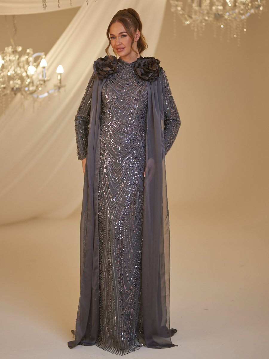 Burak Baran Fashion Antrasit Mihrimah Abiye Elbise