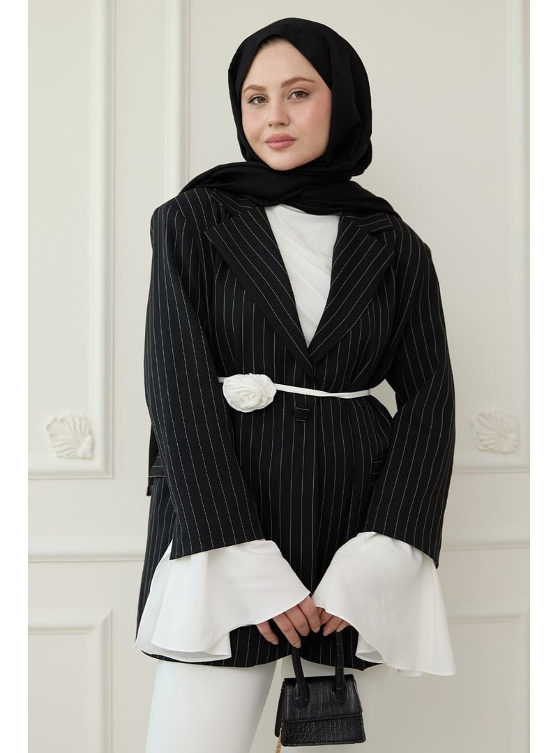 InStyle Çizgili Kolları Volanlı Siyah Blazer Ceket