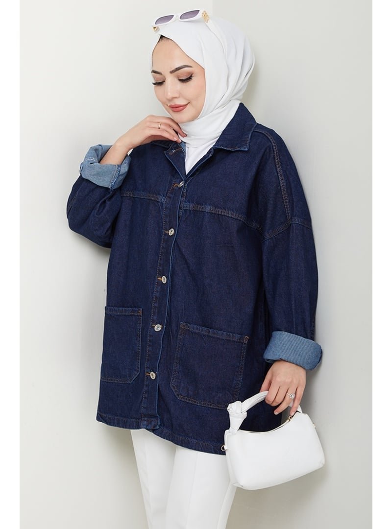 Bestenur Koyu Mavi Seliy Oversize Kot Ceket