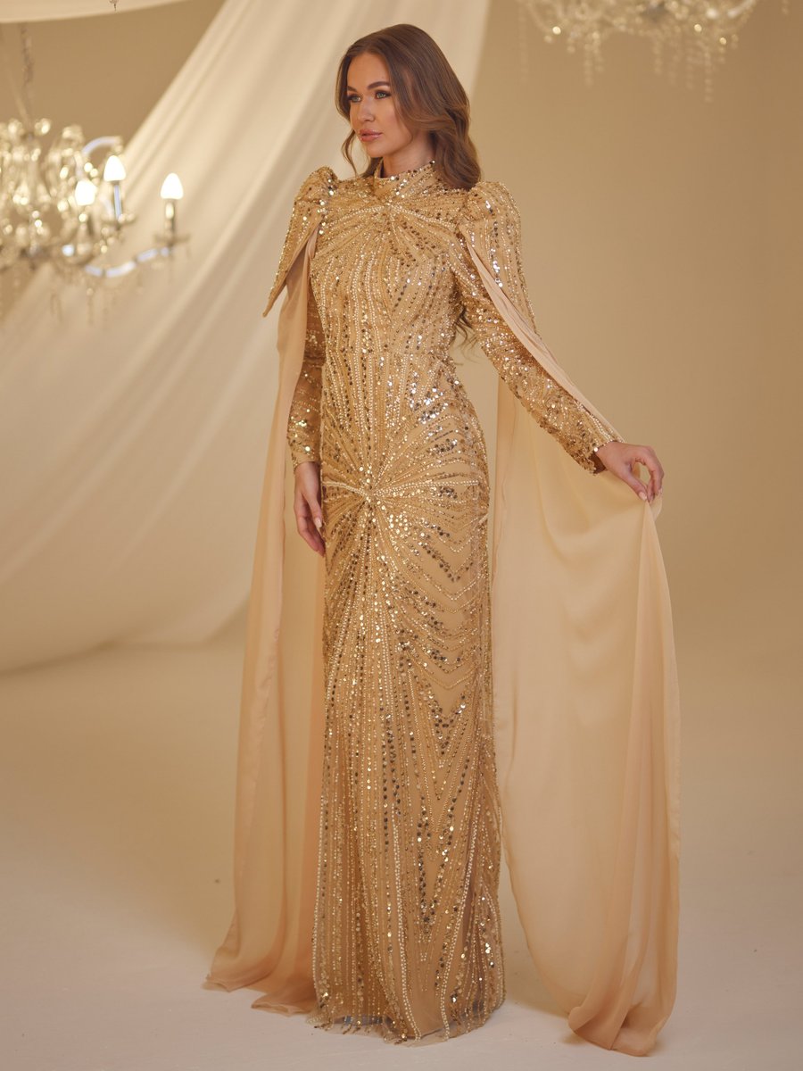 Burak Baran Fashion Gold Rengi Işıl Abiye Elbise