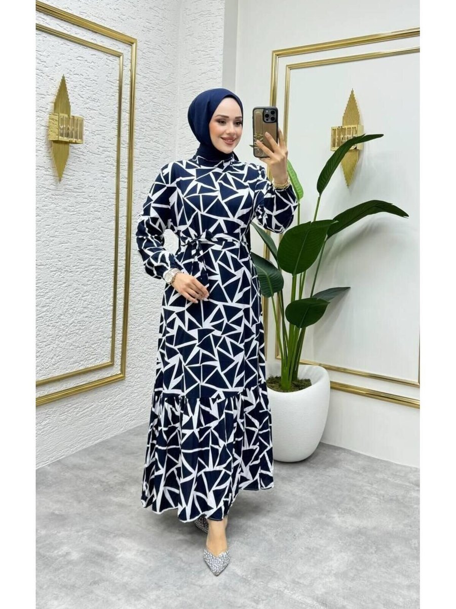 Nergis Neva Butik Lacivert Geometrik Desenli Viscon Elbise