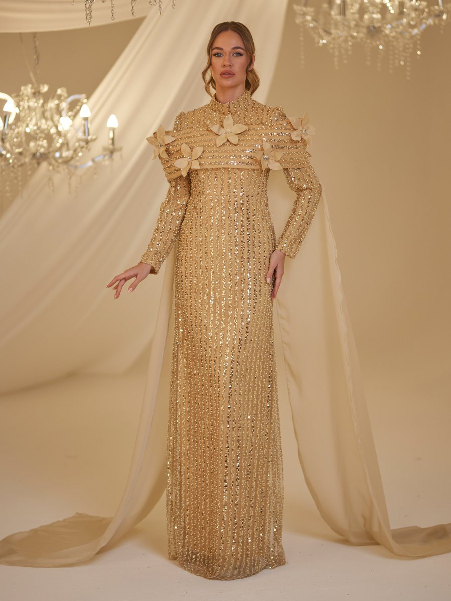 Burak Baran Fashion Gold Rengi Hafsa Abiye Elbise