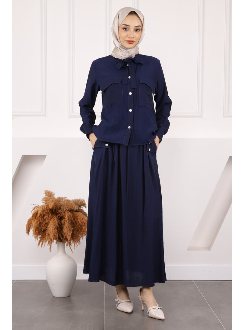 İmaj Butik Lacivert Yaka Bağlamalı Gömlek Etekli Takım