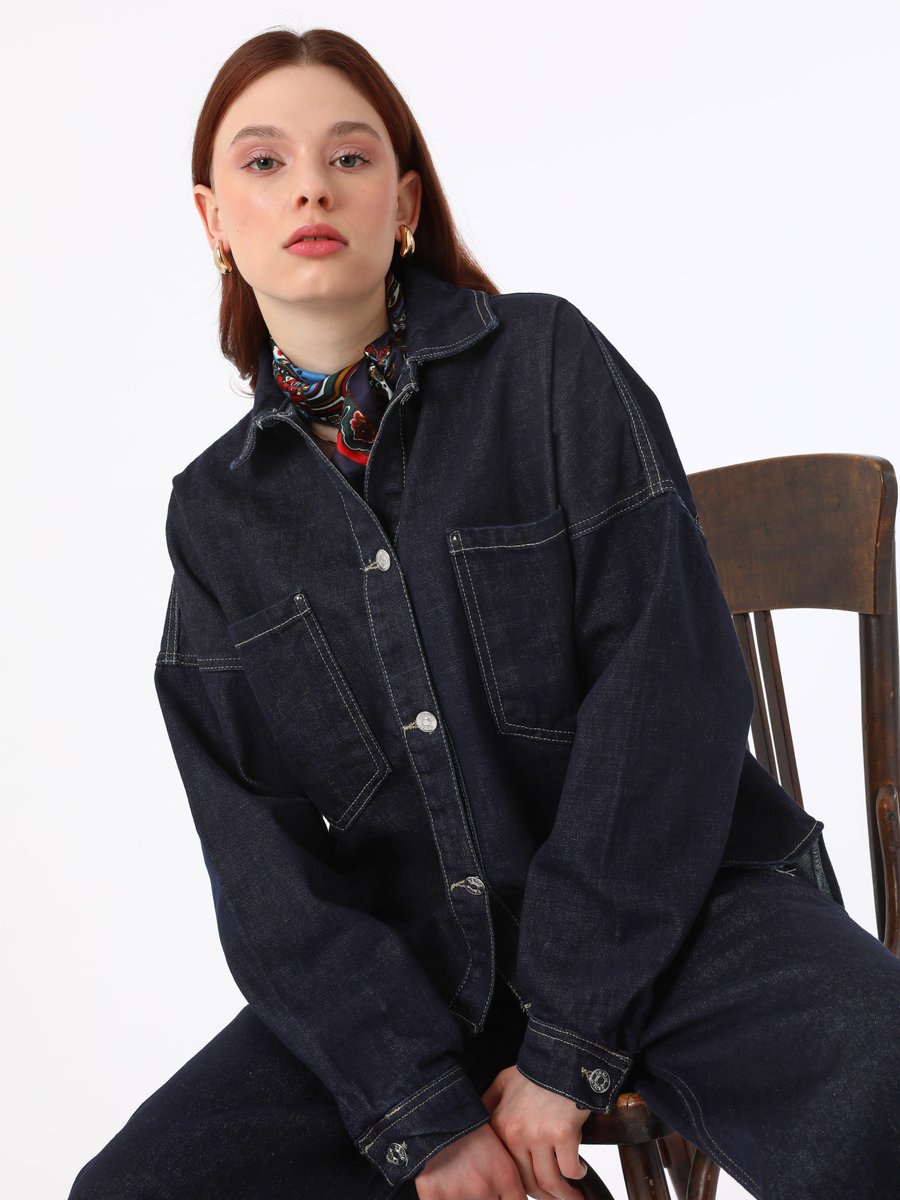 Refka Lacivert Exclusive Kontrast Dikişli Denim Ceket