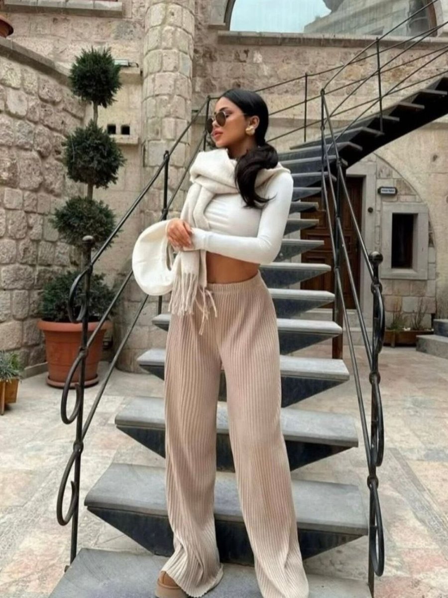 Rabi Shine Bej Palazzo Beli Lastikli Salaş Dökümlü Fitlli Pantolon