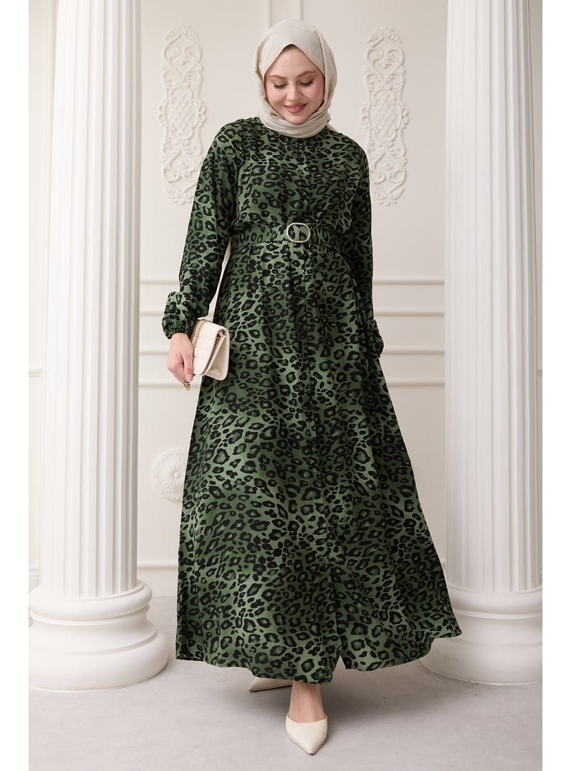 InStyle Leopar Desen Yeşil Viskon Elbise