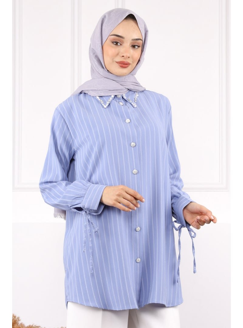 İmaj Butik Açık Mavi Kolu Bağcıklı Yaka Taşlı Linda Tunik
