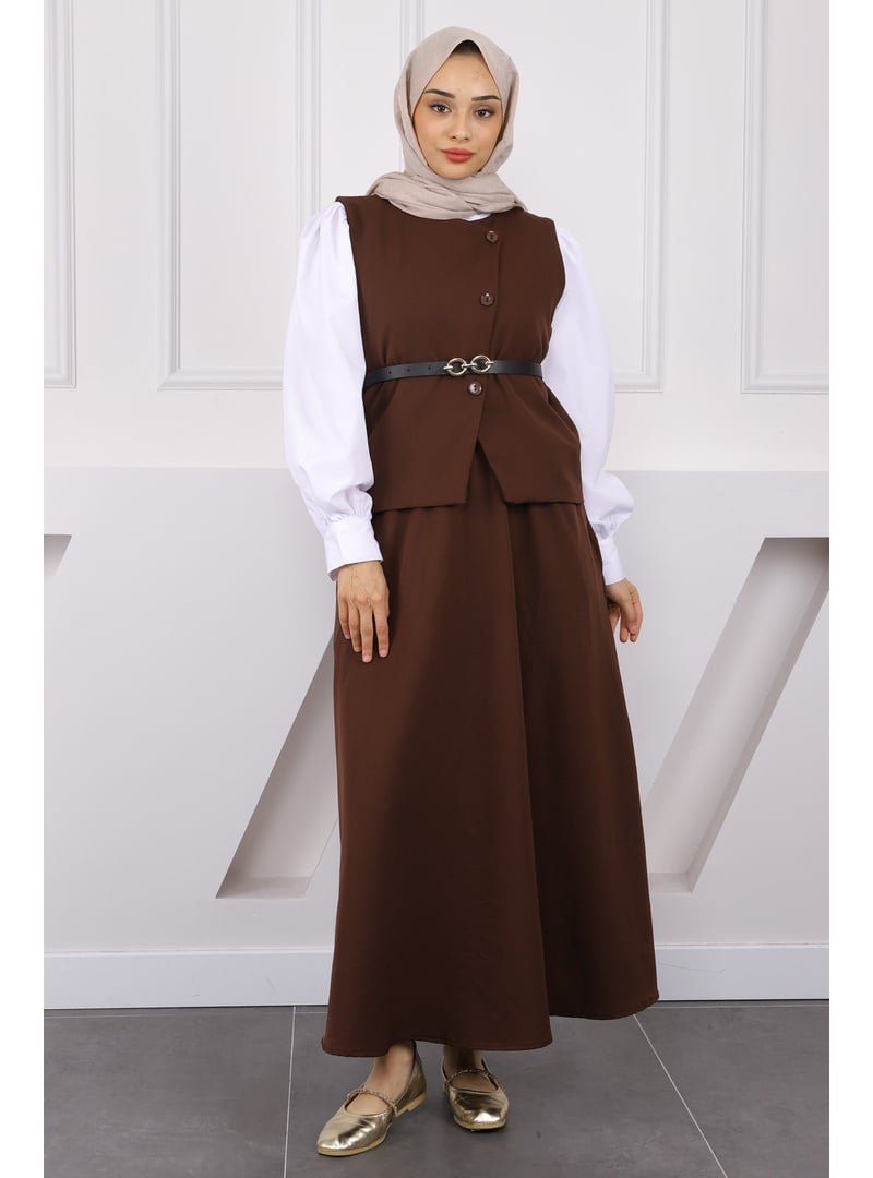 İmaj Butik Kahverengi Kemerli Krep Yelek Etekli Takım