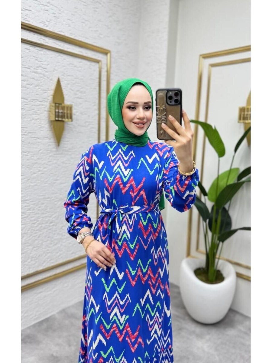 Nergis Neva Butik Saks Zikzak Desenli Elbise