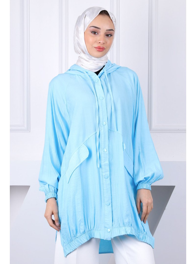 İmaj Butik Turkuaz Kapüşonlu Yırtmaçlı Ceket