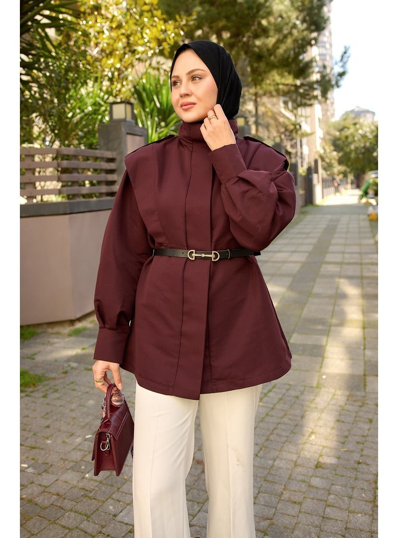 Locco Moda Bordo Palt Pensli Apoletli Kısa Trenç