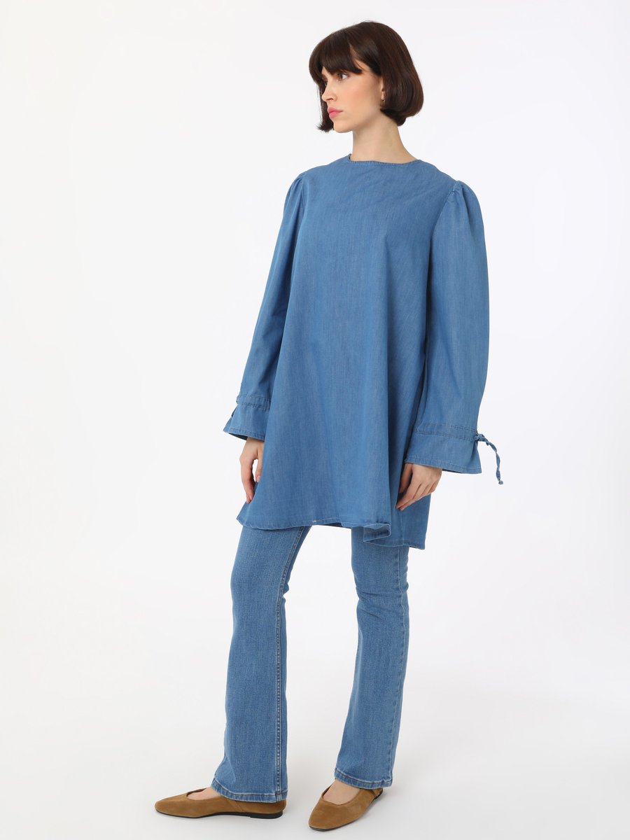 Benin Kol Detaylı Denim Tunik Koyu Mavi