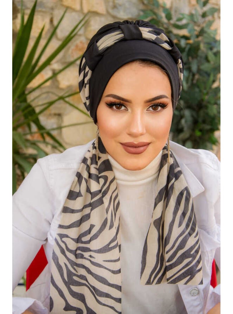 AİŞE TESETTÜR Zebra Desen Fularlı Bone
