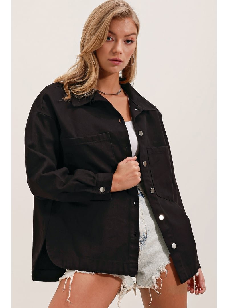 Bigdart Siyah Oversize Gabardin Gömlek Ceket
