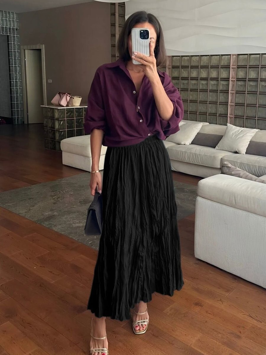 Baby Xclub Siyah Trend Pileli Kırışık Crash Ve Şık Stili Yazlık Moda Uzun Etek