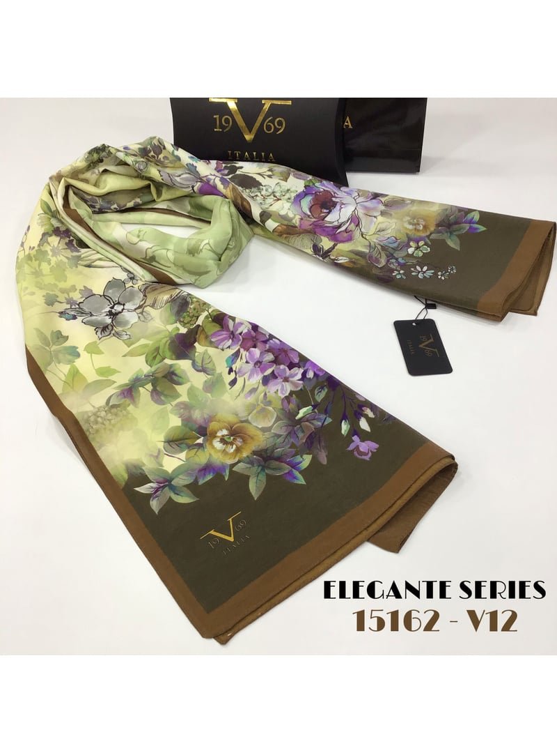 19v69 ITALIA Çiçekli Desen Elegante Seri Viscon Şal Askısı İle Birlikte 75x200 Cm Gül Kurusu Bej