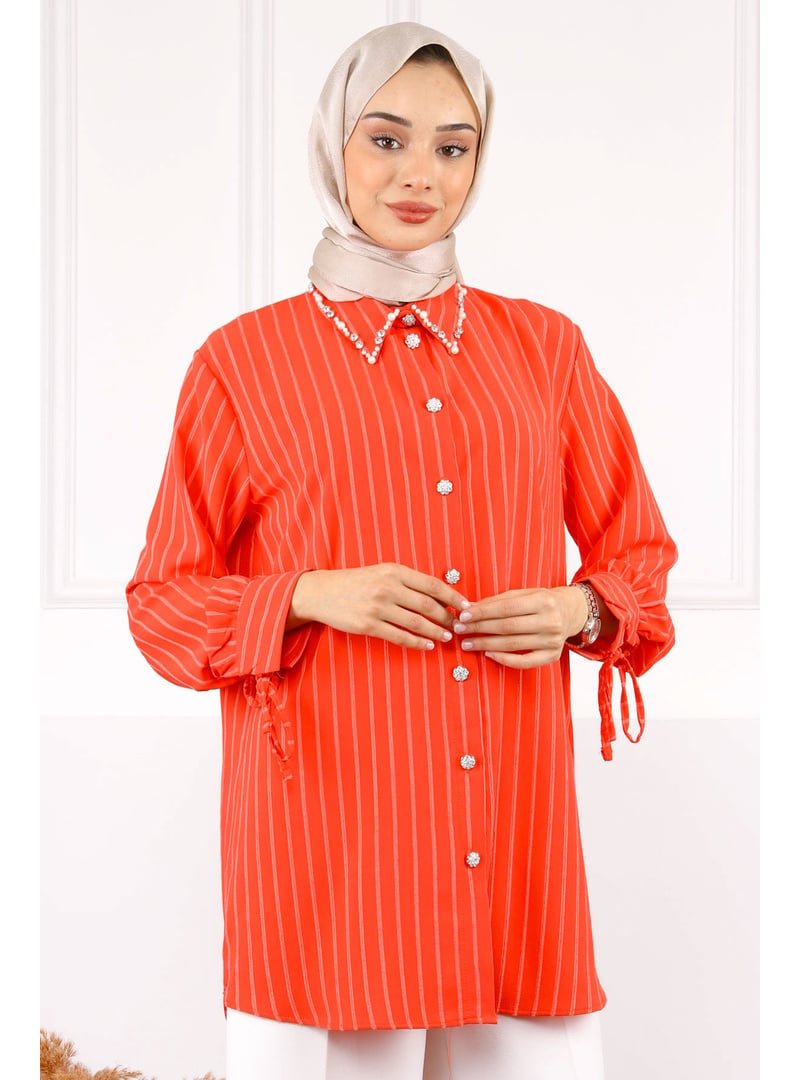 İmaj Butik Nar Çiçeği Kolu Bağcıklı Yaka Taşlı Linda Tunik