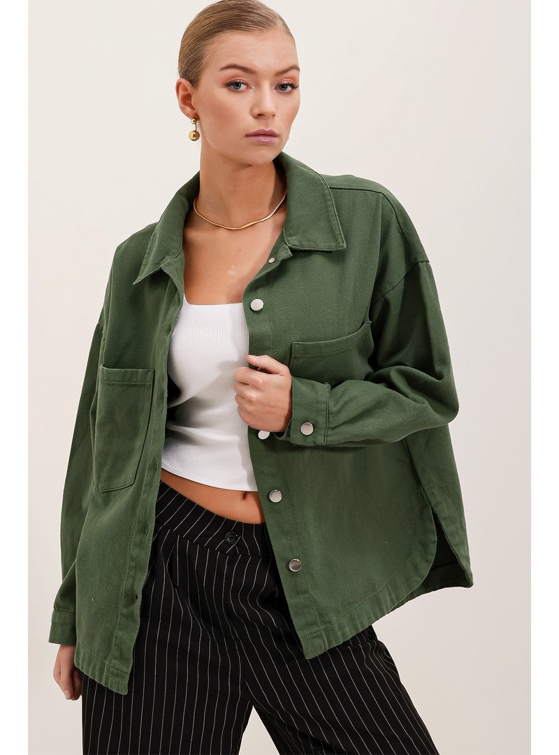 Bigdart Haki Oversize Gabardin Gömlek Ceket