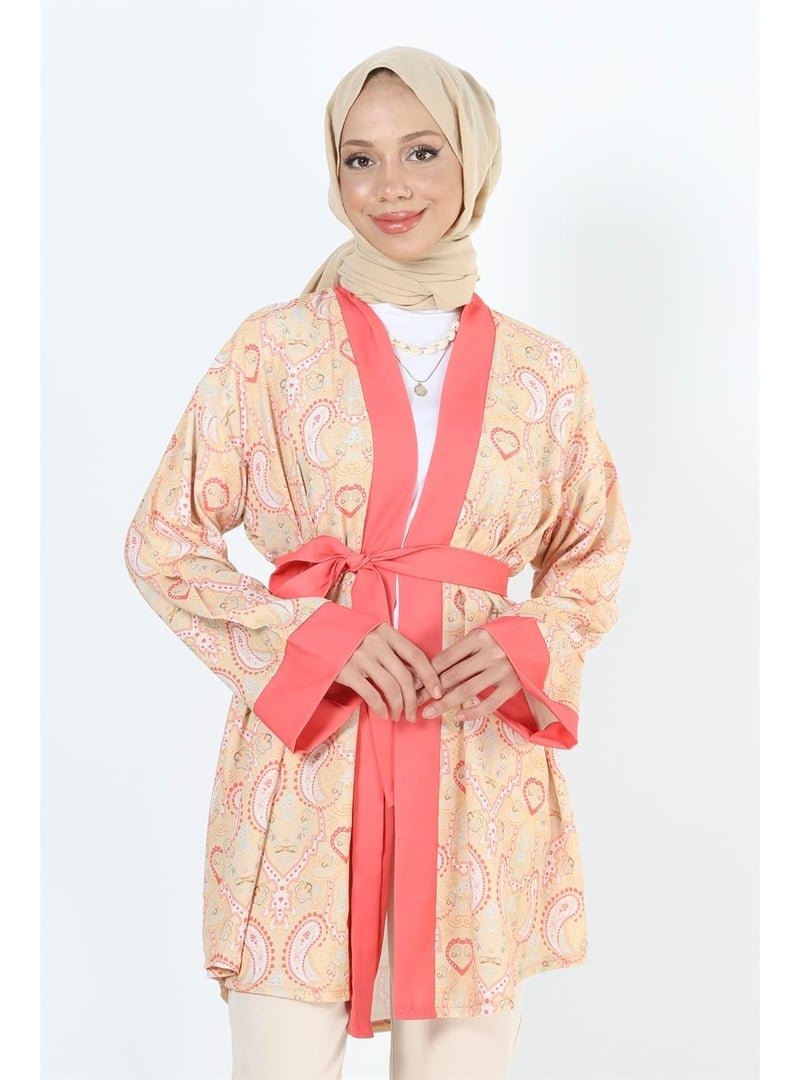 Plistre 2121_desenli Beli Kuşaklı Kimono