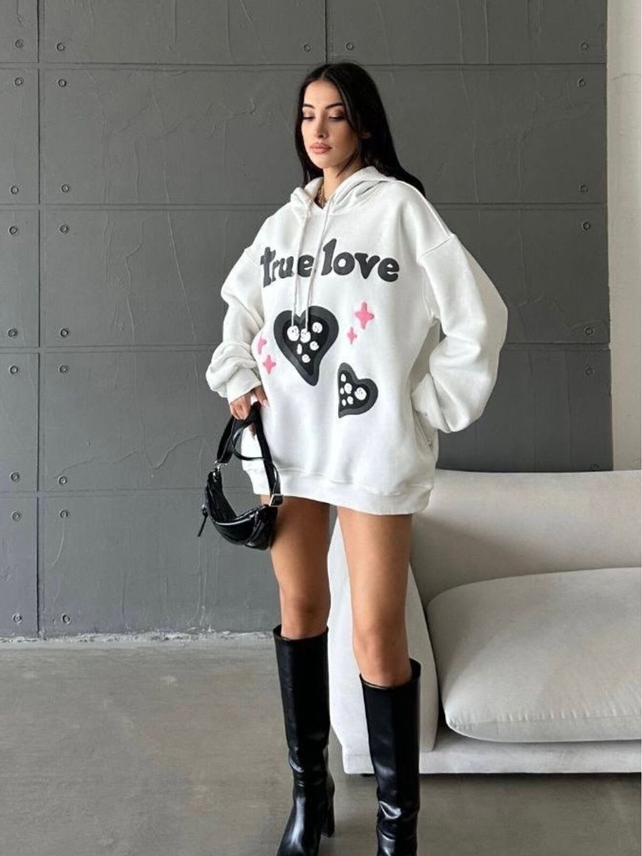 Baby Xclub Beyaz Şapkalı Üç İplik Şardonlu Oversize Kalıp Desenli Sweatshirt