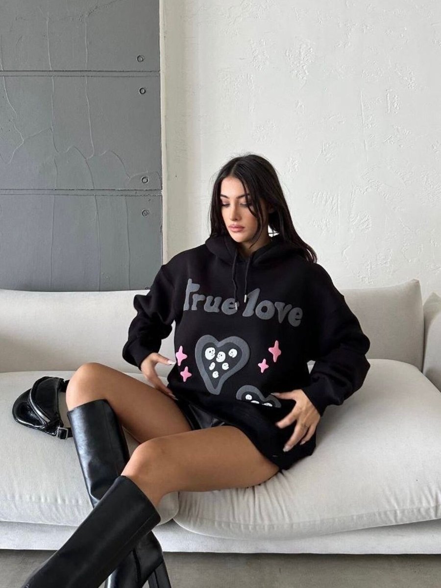 Baby Xclub True Love Siyah Şapkalı Üç İplik Şardonlu Oversize Kalıp Desenli Sweatshirt