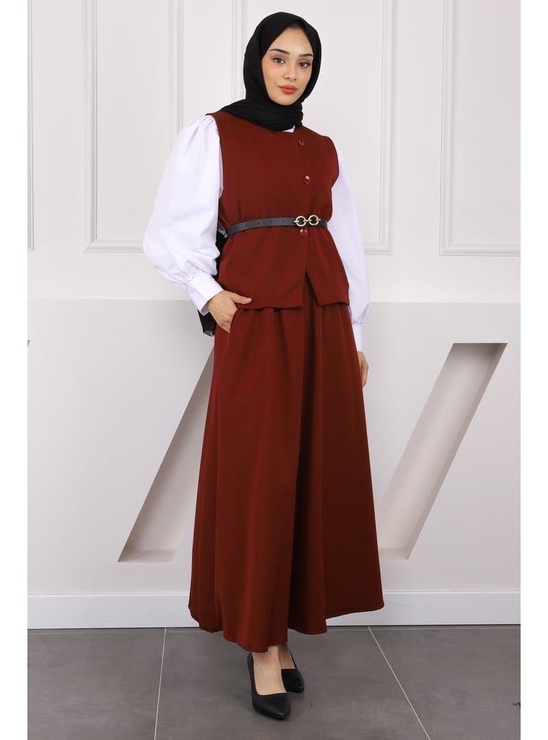 İmaj Butik Bordo Kemerli Krep Yelek Etekli Takım