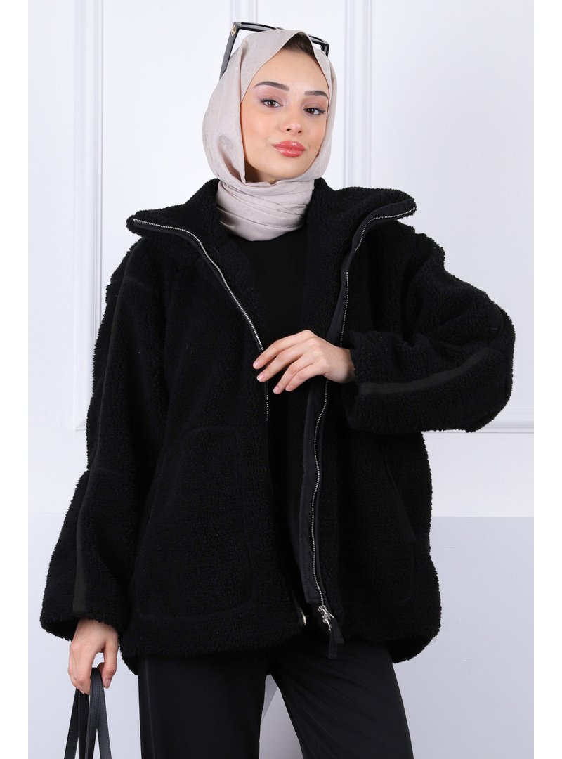 İmaj Butik Siyah Kısa Peluş Kaban