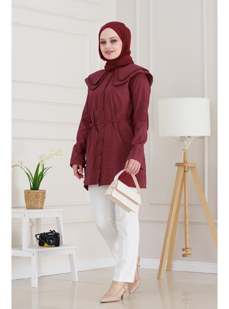 Sevitli Bordo Çift Yaka Dantelli Tunik