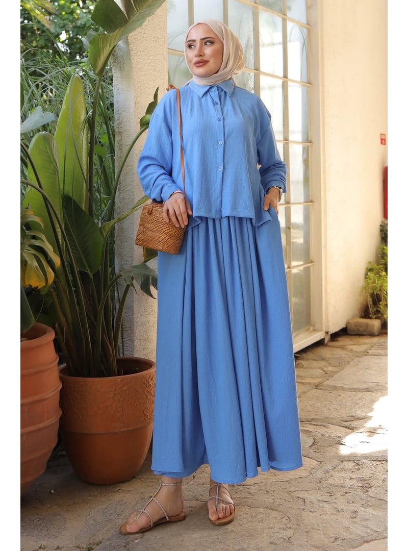İmaj Butik Bebe Mavi Ön Kısa Arka Uzun Gömlek Etek Bürümcük Takım