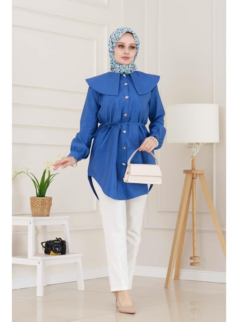 Sevitli İndigo Beli Bağcık Detaylı Geniş Yaka Tunik