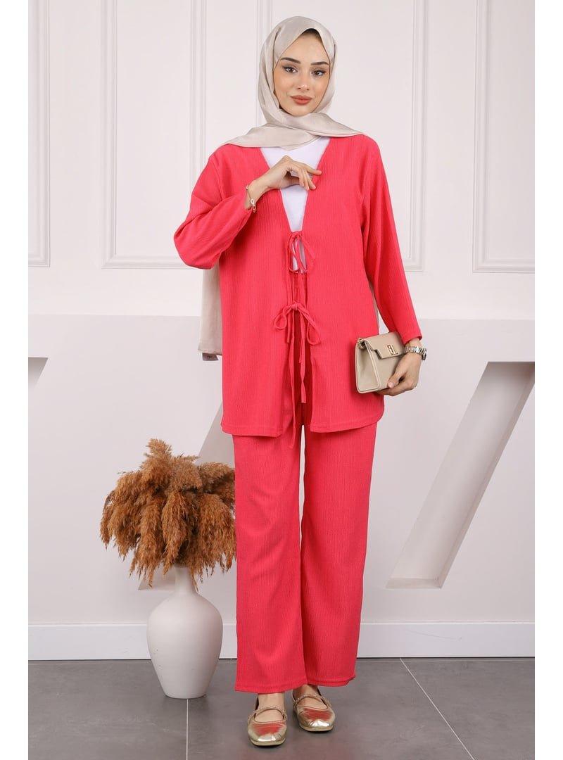 İmaj Butik Pembe Ön Bağlamalı Bürümcük Kimono Pantolonlu Takım