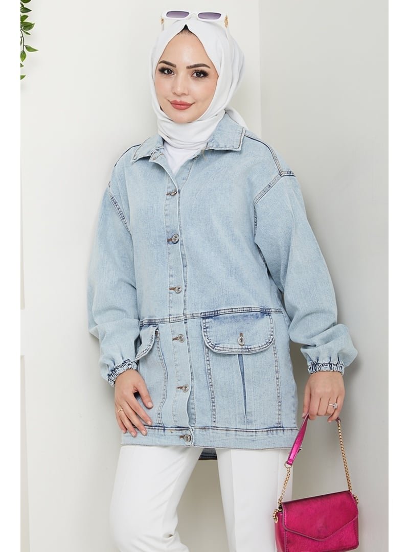 Bestenur Buz Mavi Torba Cepli Oversize Kot Ceket