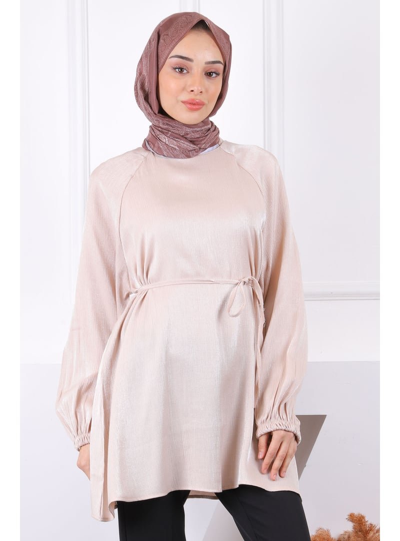 İmaj Butik Bej Bel Kuşaklı Parlak Tunik