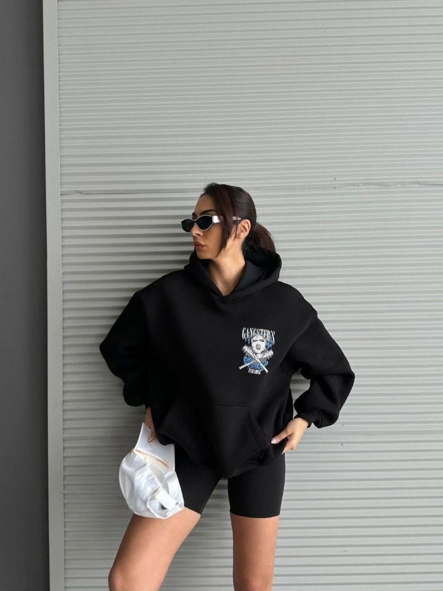 Baby Xclub Siyah Şapkalı Üç İplik Şardonlu Oversize Kalıp Desenli Sweatshirt