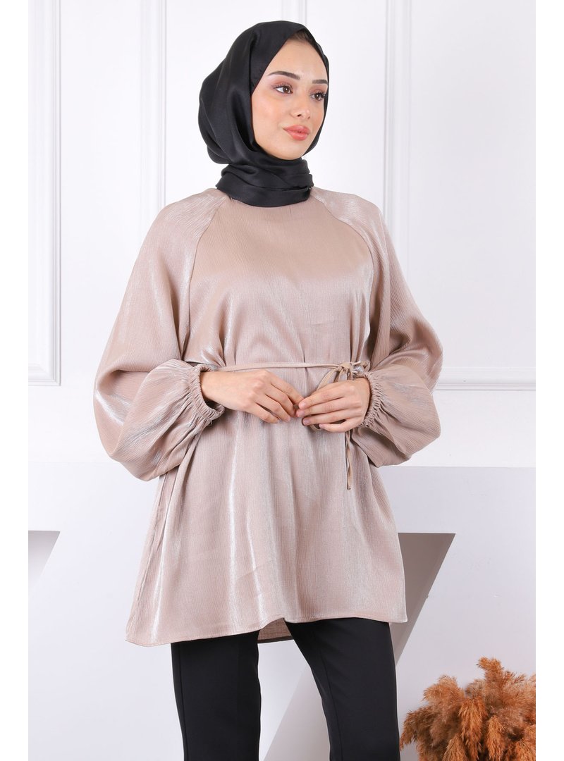 İmaj Butik Vizon Bel Kuşaklı Parlak Tunik