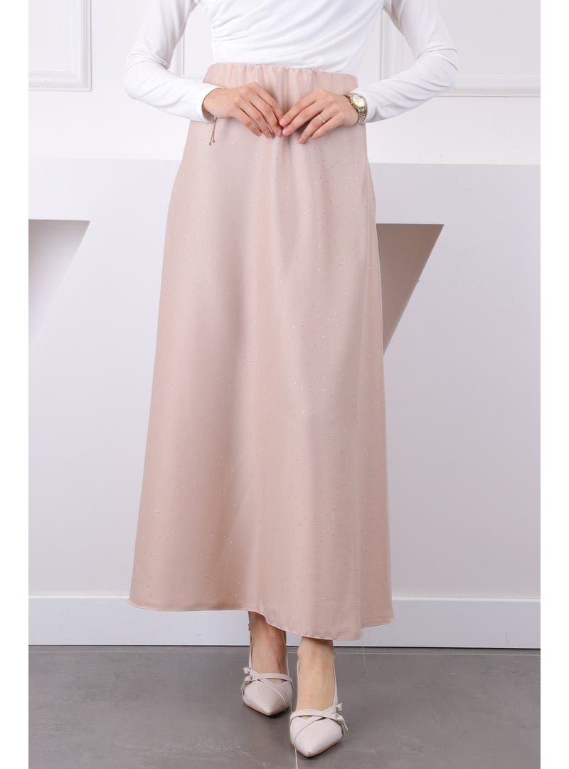 İmaj Butik Bej Bel Lastikli Taşlı Saten Etek