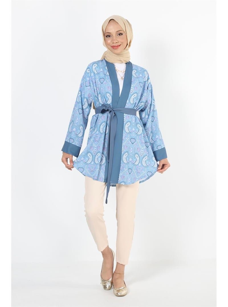 Plistre 2121_desenli Beli Kuşaklı Kimono