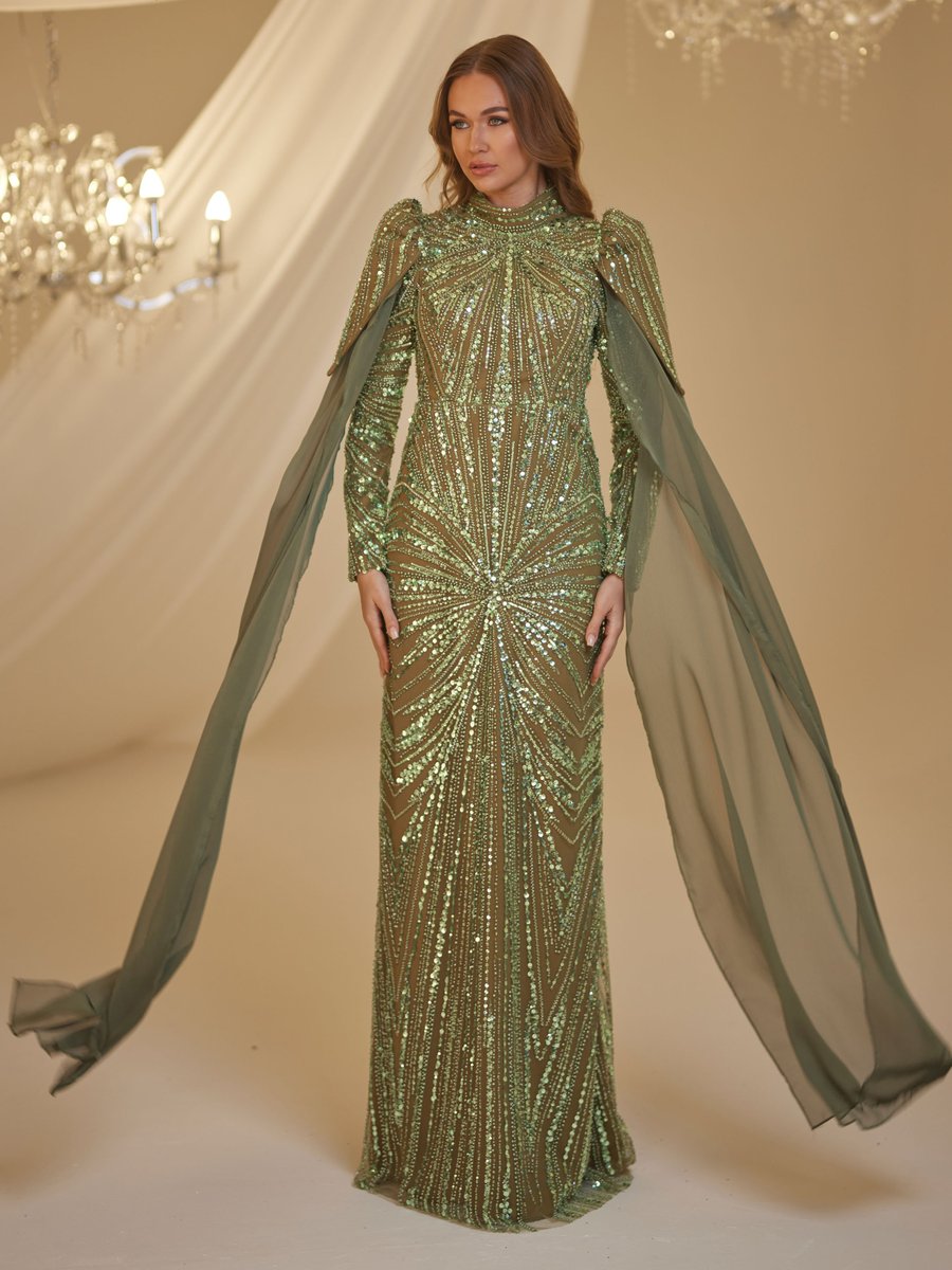 Burak Baran Fashion Yeşil Işıl Abiye Elbise