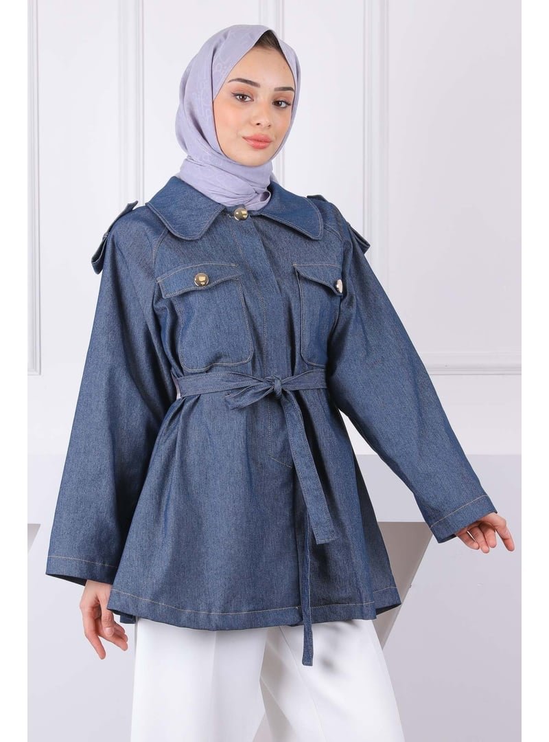 İmaj Butik Koyu Mavi Çift Cepli Kuşaklı Ceket