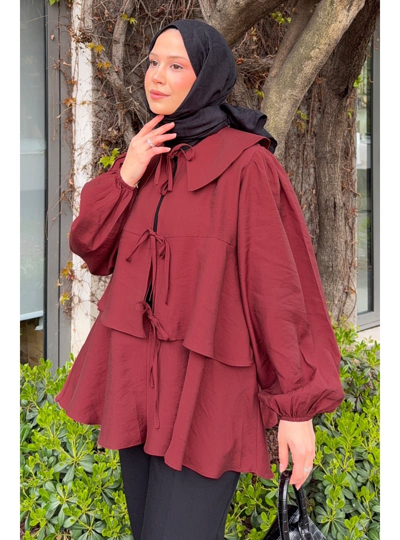 Salih Çelebi Bordo İp Bağcıklı Kat Kat Kimono