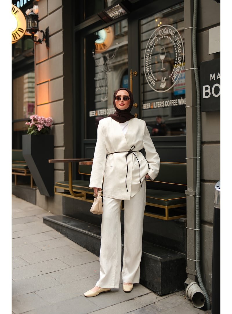 Locco Moda Beyaz Çizgili Vizolin Kruvaze Ceket