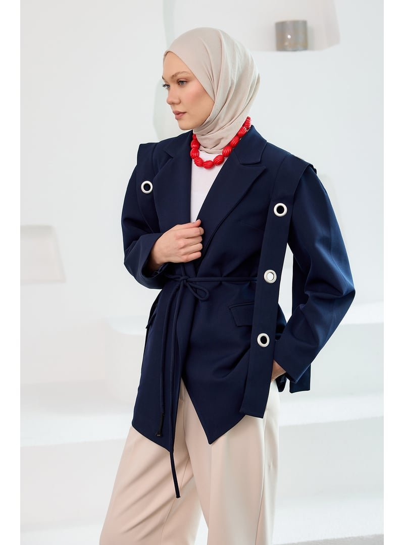 Locco Moda Lacivert Kuş Gözü Kruvaze Yaka Blazer Ceket