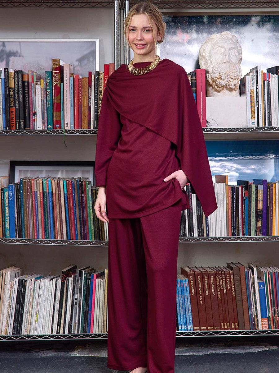 Ceylan Otantik Bordo Atkılı Tunik & Bol Paça Pantolon Takım