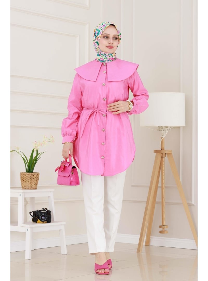Sevitli Pembe Beli Bağcık Detaylı Geniş Yaka Tunik