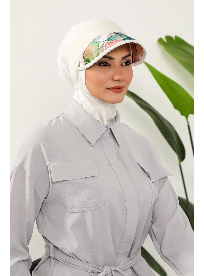 Aisha`s Design Sonbahar Nijya Boneli Çıkarılabilir Desenli Siperlikli Bone Türban,b 91d Krem