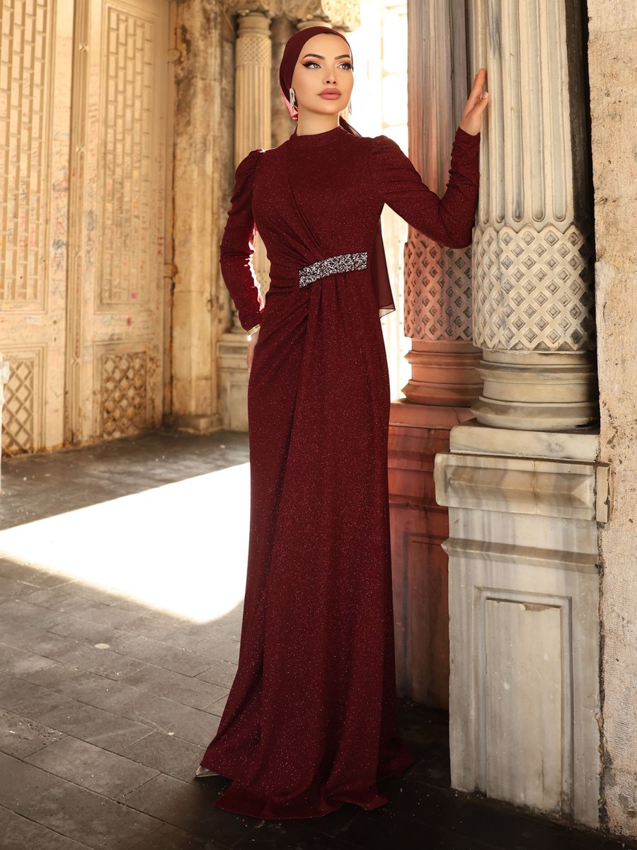 Rabeysa Bordo Defne Abiye Elbise